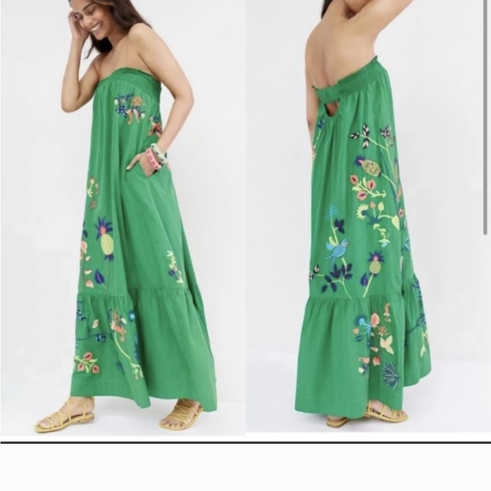 Anthropologie NWT Green Flowers Strapless Sundress Resort